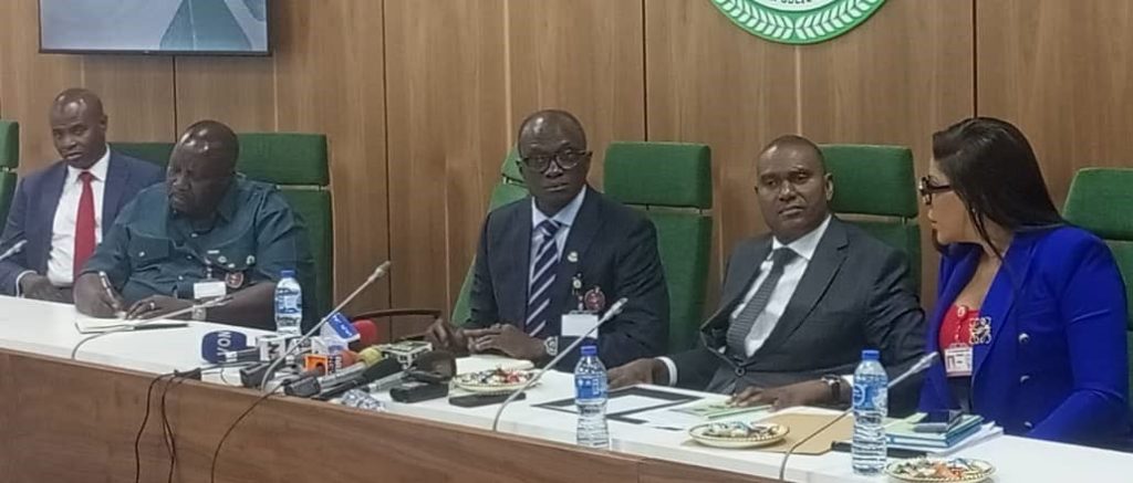 The Coordinator of the National Counter-Terrorism Centre (NCTC), Office of the National Security Adviser (ONSA) , Maj.-Gen. Adamu Laka (3rd Left) and Director of Public Prosecution of the Federation, Mohammed Babadoko,(4th Left) and others during a news briefing on the Kanji trials and other terrorism-related issues on Monday