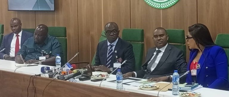 The Coordinator of the National Counter-Terrorism Centre (NCTC), Office of the National Security Adviser (ONSA) , Maj.-Gen. Adamu Laka (3rd Left) and Director of Public Prosecution of the Federation, Mohammed Babadoko,(4th Left) and others during a news briefing on the Kanji trials and other terrorism-related issues on Monday