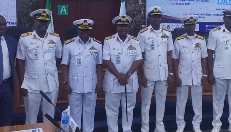 The Hydrographer of the Federation, Rear Adm. Ayodeji Olugbode and others during a news briefing on 2025 World Hydrography Day