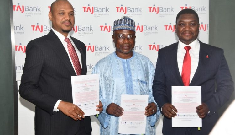 L-R: TAJBank Limited Managing Director/CEO, Mr. Hamid Joda; Board Chairman TAJBank Limited, Alhaji Tanko Gwamna, and the bank’s Co-Founder/Executive Director, Mr. Sherif Idi; displaying the TAJBank’s signed agreement for N20Bn Mudarabah Sukuk Bond Issuance at the bank’s headquarters in Abuja