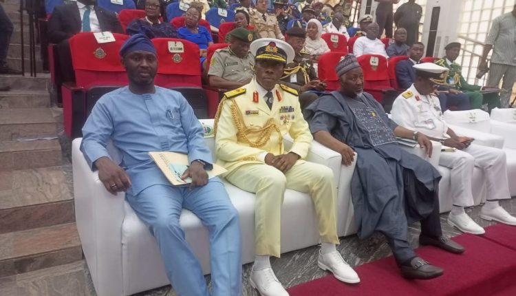 From Right: The Managing Director of Bank of Industry, Dr Olasupo Olusi, the Commandant of NDC, Rear Admiral James Okosun and the Minister of Defence Mohammed Badaru on Thursday, in Abuja at the National Defence College (NDC) Course 34 inaugural lecture with the theme: ``Optimising Capacity for Industrialisation and Social-Economic Development in Africa”