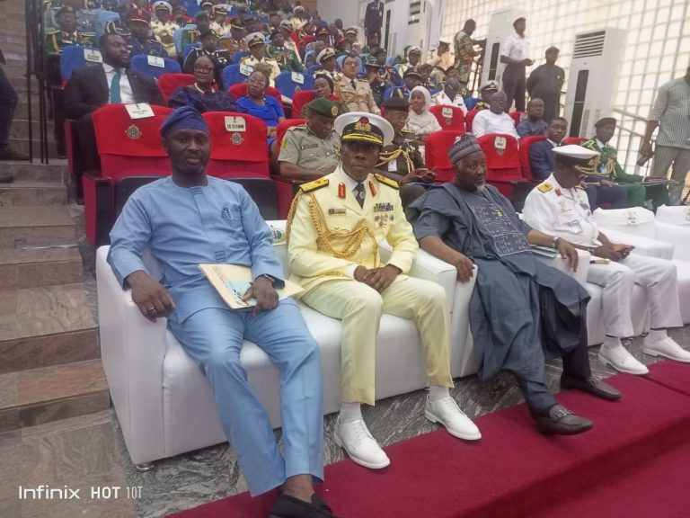 From Right: The Managing Director of Bank of Industry, Dr Olasupo Olusi, the Commandant of NDC, Rear Admiral James Okosun and the Minister of Defence Mohammed Badaru on Thursday, in Abuja at the National Defence College (NDC) Course 34 inaugural lecture with the theme: ``Optimising Capacity for Industrialisation and Social-Economic Development in Africa”